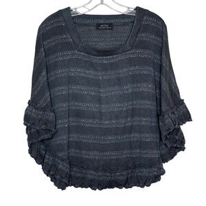 Oeillet Black 3/4 Sleeve Striped Blouse Size M Ruffle Trim Boho Chic Square Neck